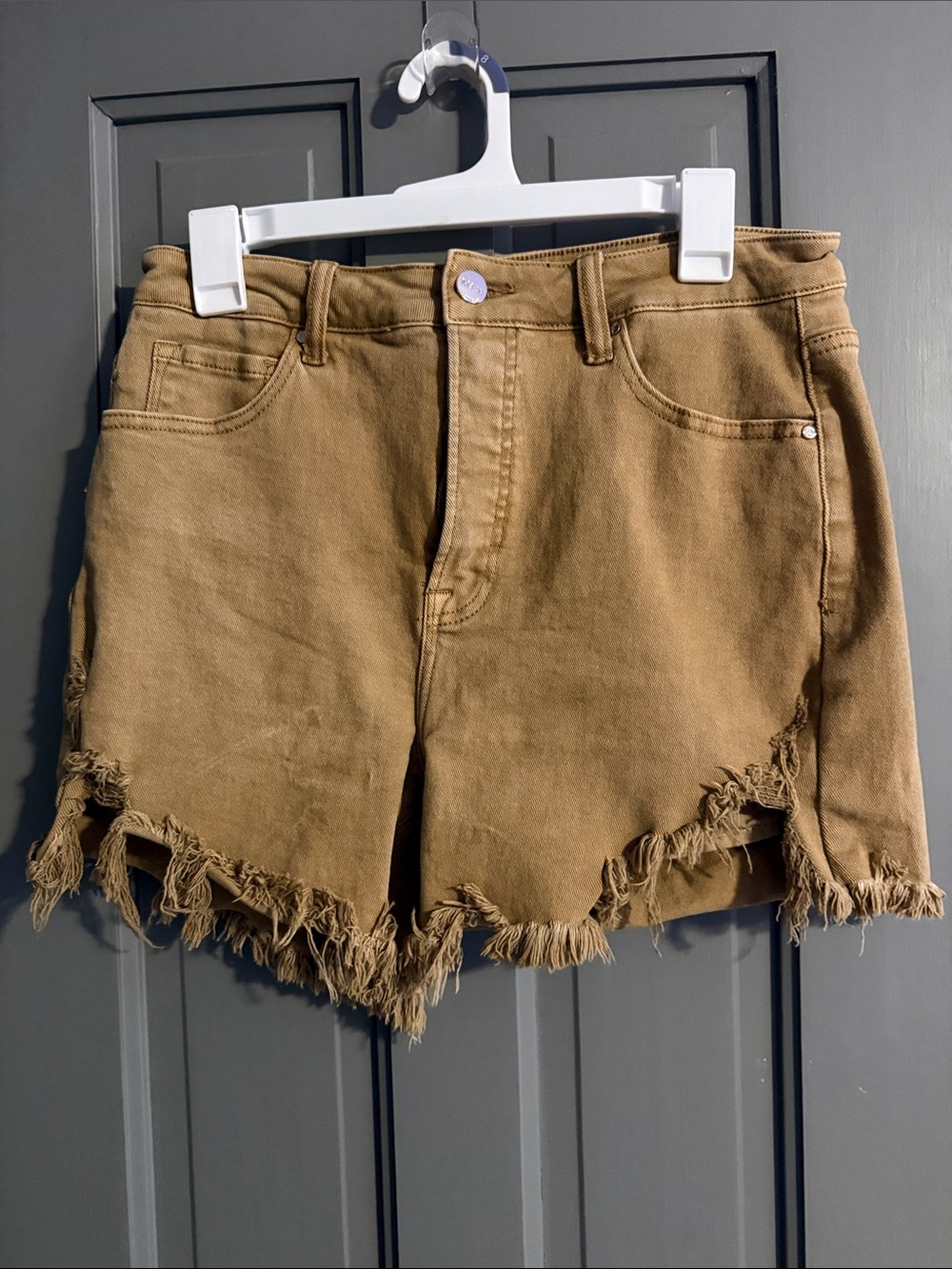 Women's Distressed Tan Denim Shorts with Frayed Hem
